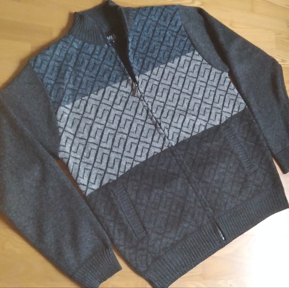 MKS Mens Fleece Lined Zip-Up Sweater Chevron Pattern Blue Gray Colorblock Medium